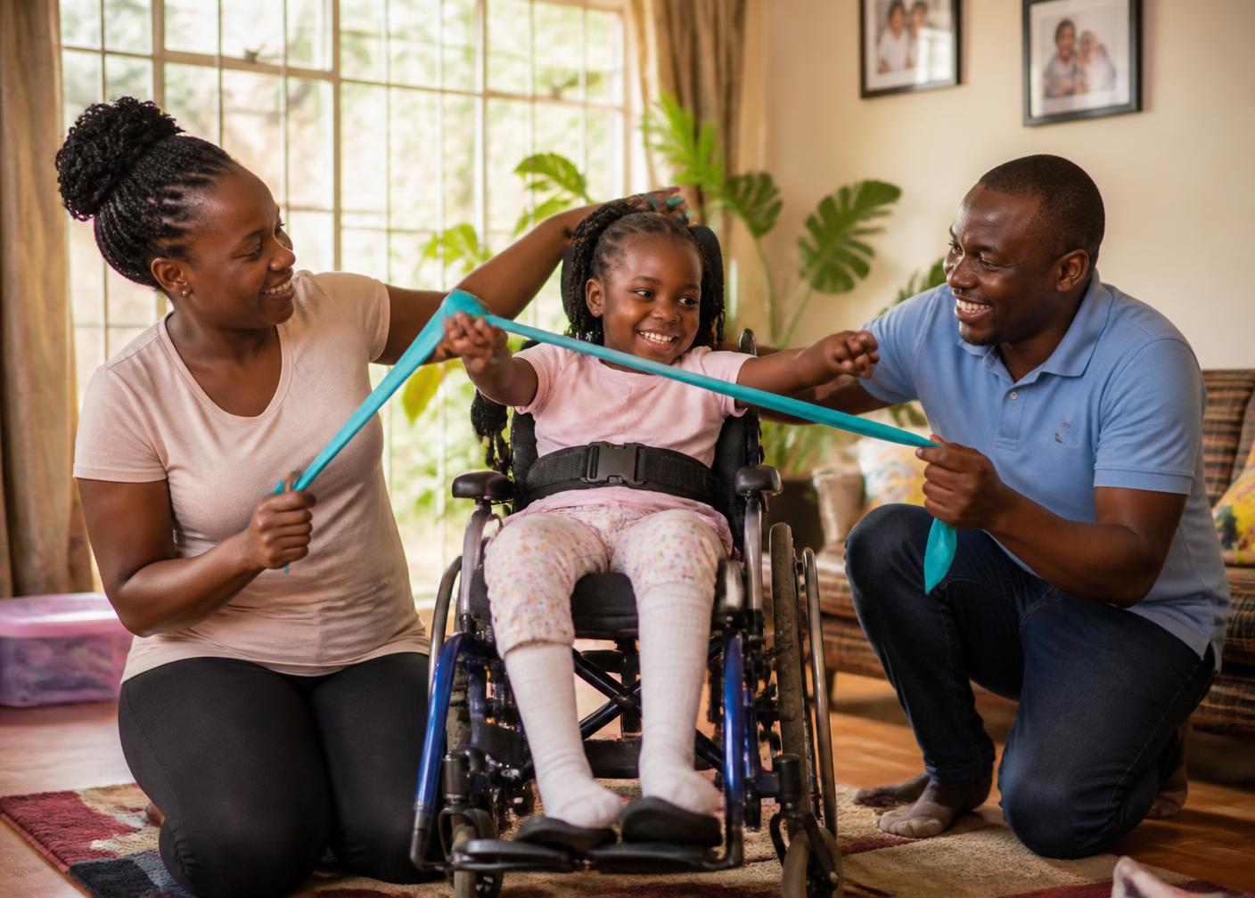 Parents practising rehabilitation exercises at home with their daughter who uses a wheelchair